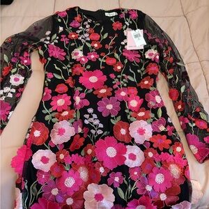Avec Les Filles Black Dress with Pink Floral Embroidery